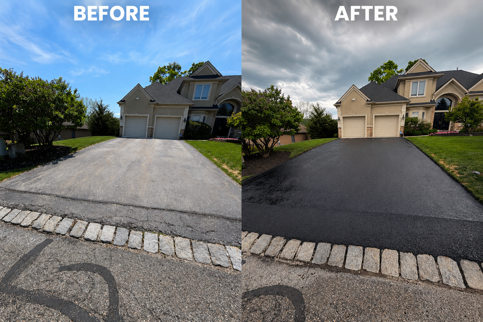 Before and after full driveway replacement at a stucco home with Belgian block edging
