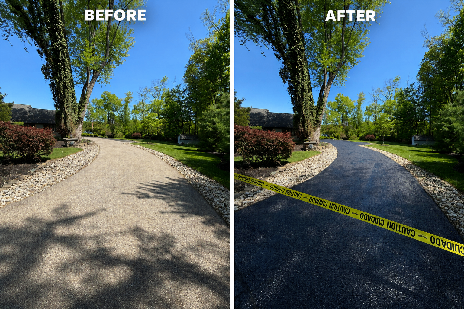 Before and after asphalt repave of a curved residential driveway with stone edging
