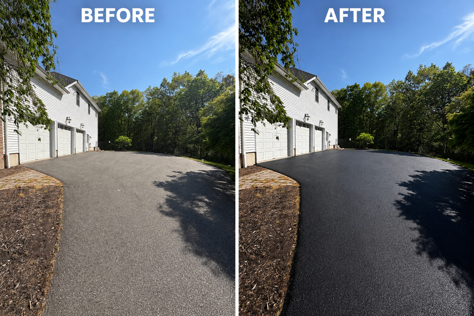 Before and after sealcoating on a wide three-car driveway in Northern NJ